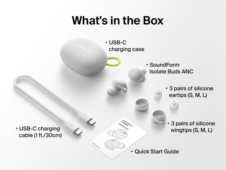 SoundForm Isolate Buds ANC packaging contents laid out, including the earbuds, charging case, USB-C cable, interchangeable eartips and wingtips, and quick start guide