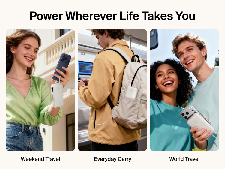 Belkin UltraCharge 20K 45W power bank with integrated cable used for travel and everyday carry, providing portable fast charging for smartphones on the go