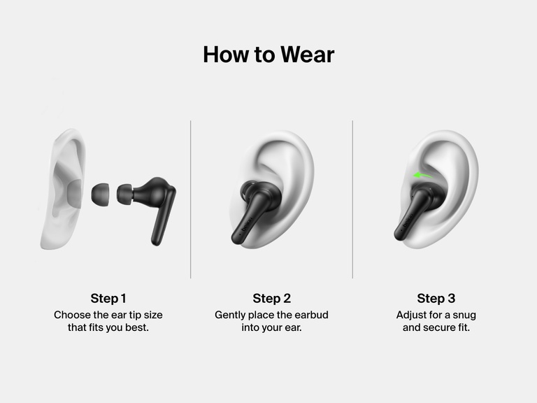 Image showing how to wear Belkin SoundForm Rhythm ANC Earbuds in three steps: choose the right ear tip size, insert the earbud, and adjust for a secure, comfortable fit.