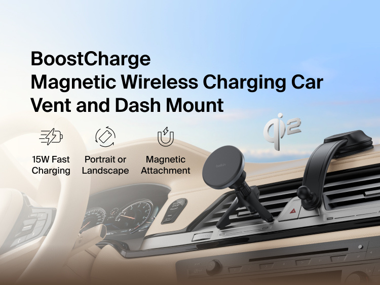 Belkin BoostCharge Magnetic Wireless Charging Car Vent and Dash Mount shown installed in a vehicle, featuring Qi2 fast charging with a portrait or landscape magnetic phone attachment.