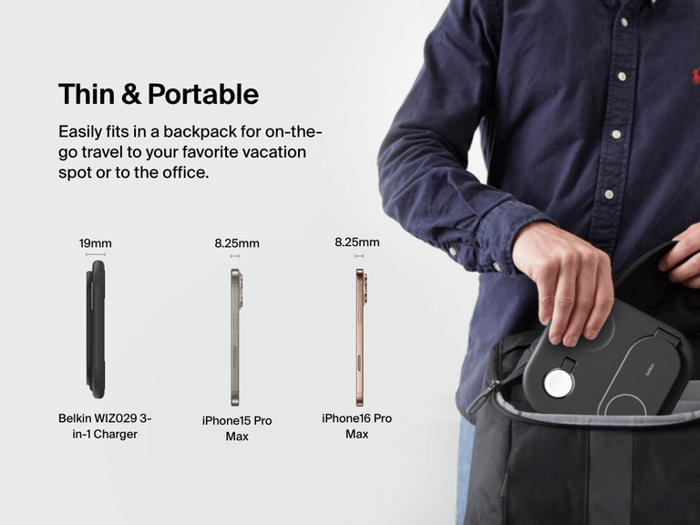 A person places the folded Belkin BoostCharge Pro 3-in-1 Magnetic Wireless Charger with Qi2 15W into a backpack, highlighting its slim 19mm profile for portability alongside size comparisons with iPhone 15 and 16 Pro Max models.