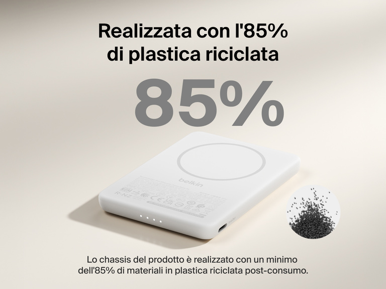 Belkin BoostCharge Slim Magnetic Power Bank 5K shown with text highlighting that its housing is made from 85% post-consumer recycled plastic for sustainable design.