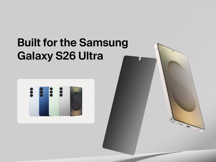 Belkin ScreenForce Titan SmartShield Privacy Filter Screen Protector for Samsung Galaxy S26 shown aligned with the device, illustrating a precise, edge-to-edge fit designed specifically for Galaxy S26 models.