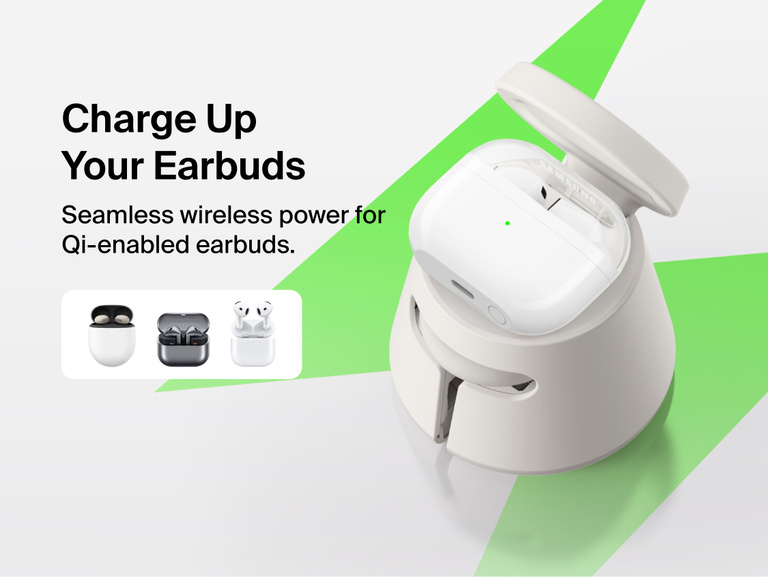 Belkin UltraCharge Modular Charging Dock with Qi2 25W wirelessly charging Qi-enabled earbuds, featuring a modular dock design for seamless, cable-free everyday charging.