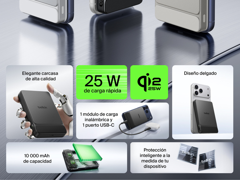 Belkin UltraCharge Slim Magnetic Power Bank 10K highlighting 25W fast charging, 10,000 mAh capacity, magnetic wireless charging, USB-C port, and slim premium aluminum design