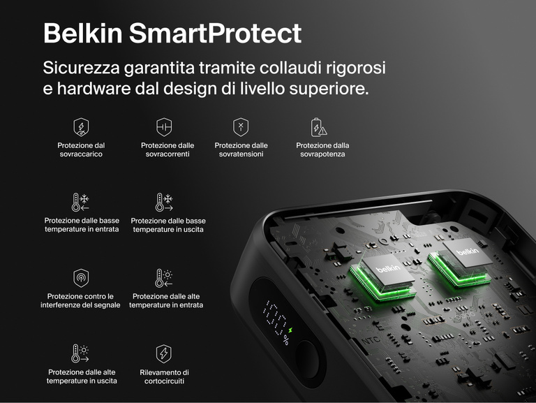 Belkin UltraCharge 10K power bank with integrated USB-C cable and digital display featuring SmartProtect safety system with multiple protection layers for reliable charging