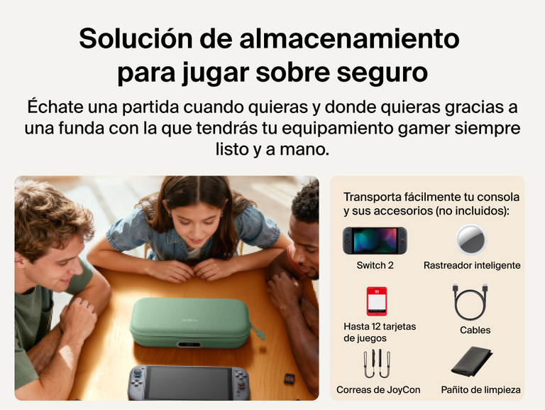Belkin Gaming Charging Case Pro for Nintendo Switch 2 shown storing the console, game cards, cables, and accessories for organized, game-ready portability.