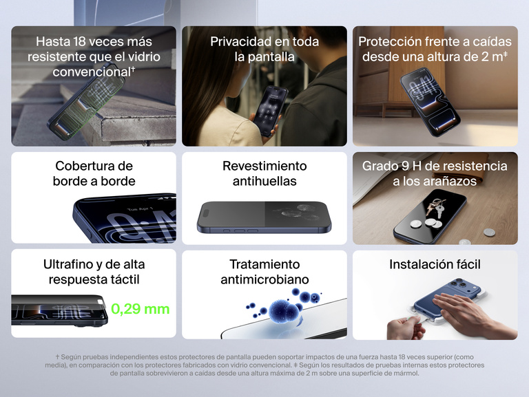 Belkin ScreenForce InvisiGlass Screen Protector for iPhone with up to 18x stronger glass, 9H scratch resistance, 6.5 ft drop protection, ultra-thin 0.29mm design, anti-fingerprint coating, antimicrobial treatment, and easy edge-to-edge application.