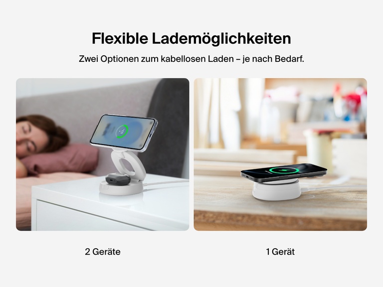 Belkin BoostCharge 2-in-1 Convertible Magnetic Charging Stand with Qi2 15W offers dual-device and single-device wireless charging modes for flexible use at home or on the go.