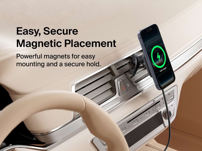 Belkin UltraCharge Magnetic Wireless Charging Car Vent Mount with Qi2.2 25W securely holds a smartphone with powerful magnets for easy placement on a vehicle air vent.