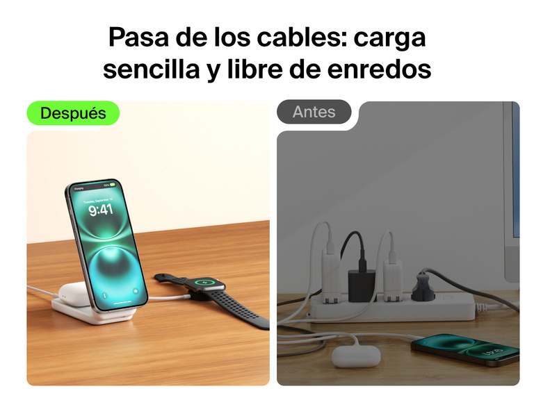 El cargador magnético plegable 2 en 1 con Qi2 25W Belkin UltraCharge brinda una solución elegante de carga inalámbrica sin cables para que puedas cargar a la vez tu iPhone, AirPods y Apple Watch.