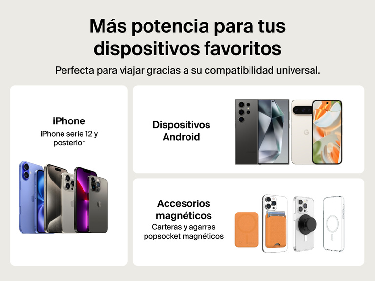 Belkin BoostCharge Slim Magnetic Power Bank 5K shown compatible with Android devices, iPhone series 12 and later, and magnetic accessories like wallets and PopSockets for universal travel-ready charging.