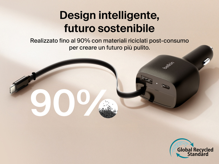 Immagine del caricabatteria da auto con cavo retrattile da 75 W Belkin BoostCharge, dotato di un cavo USB-C e realizzato con il 90% di materiali riciclati post-consumo, certificati GRS (Global Recycled Standard).
