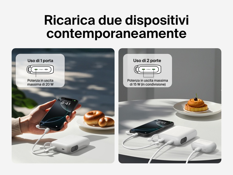 Confronto visivo della power bank 10K con display BoostCharge Belkin che ricarica un dispositivo a 20 W o due dispositivi simultaneamente condividendo la potenza in uscita di 15 W. L'immagine mostra la power bank che ricarica uno smartphone e un paio di auricolari wireless su un tavolo.