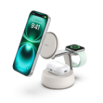 Belkin 3-in-1 wireless charging station in beige, charging an iPhone, Apple Watch, and AirPods simultaneously.