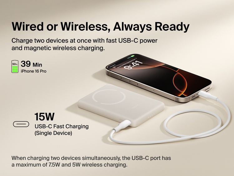 Belkin BoostCharge Slim Magnetic Power Bank 5K shown charging a smartphone via USB-C, highlighting 15W fast charging and dual wired or magnetic wireless power capability.