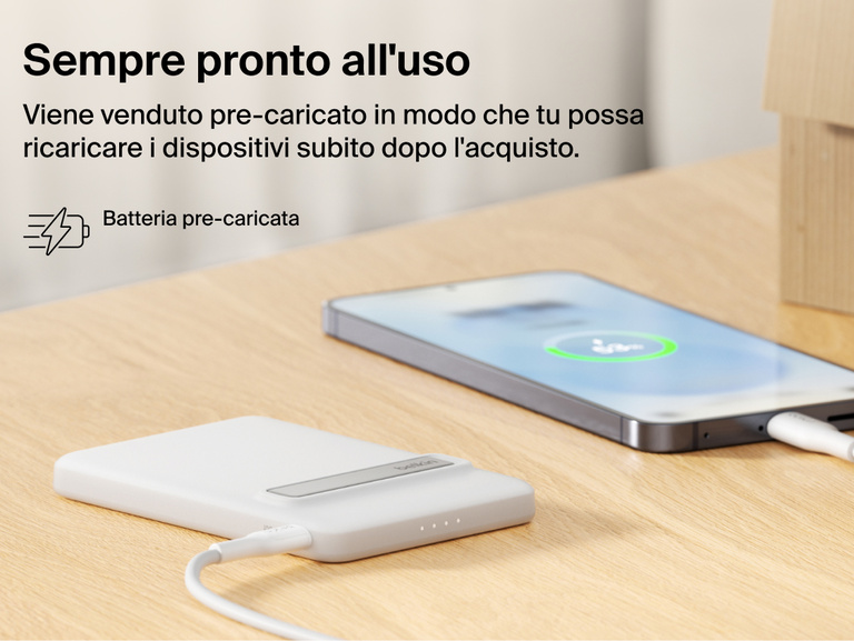 Belkin BoostCharge Slim Magnetic Power Bank 5K with Qi2 shown precharged and ready to deliver fast, portable wired or magnetic wireless charging straight out of the box.