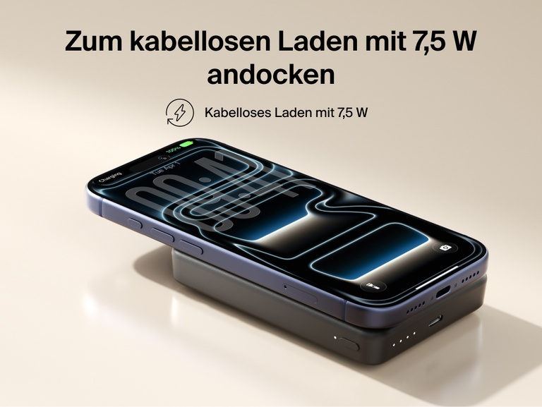 Belkin BoostCharge Slim Magnetic Power Bank 10K magnetically attached to a smartphone delivering 7.5W wireless charging in a slim portable design