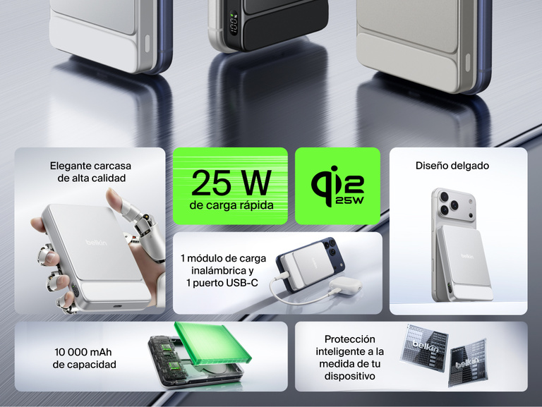 Belkin UltraCharge Slim Magnetic Power Bank 10K highlighting 25W fast charging, 10,000 mAh capacity, magnetic wireless charging, USB-C port, and slim premium aluminum design