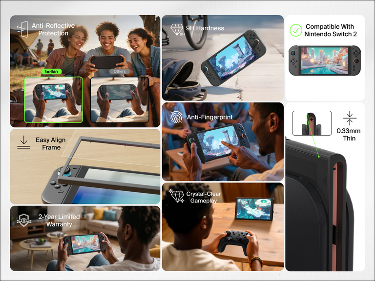 A collage showcasing features of the Belkin anti-reflective screen protector for Nintendo Switch 2. Images depict people gaming indoors and outdoors, highlighting benefits like anti-reflective protection (compared to other brands), anti-fingerprint resistance, and crystal-clear gameplay. Additional callouts show the screen protector's 0.33mm thin design, easy alignment frame for installation, 9H hardness, and compatibility with Nintendo Switch 2. A badge indicates limited lifetime coverage.