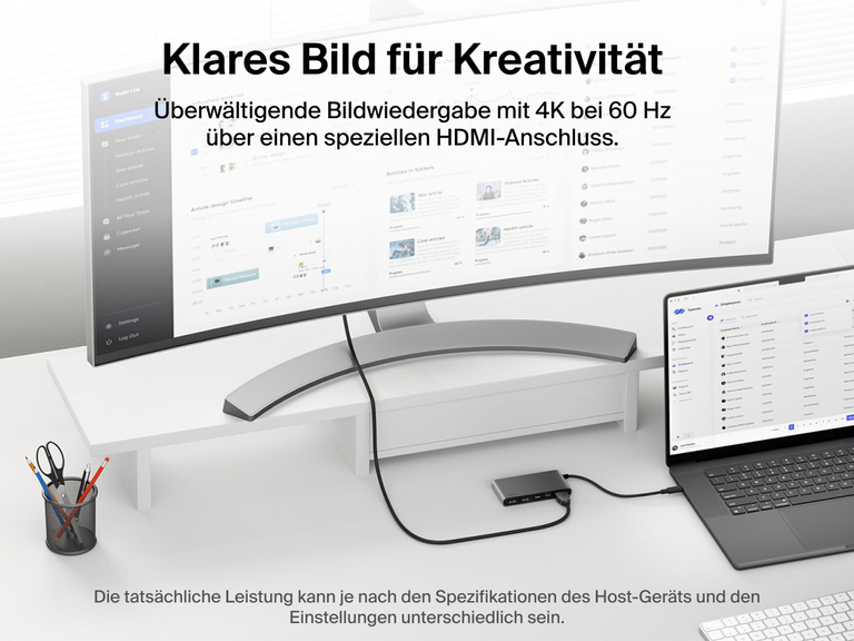 Belkin Connect 5-Port USB-C Hub with Dual USB-C Ports connects a laptop to a monitor, delivering stunning 4K@60Hz visuals via the dedicated HDMI port.