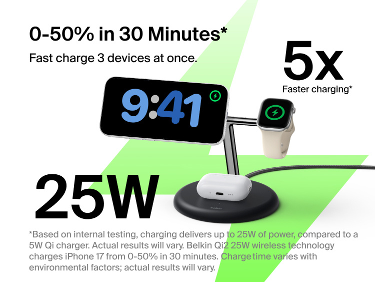 Belkin UltraCharge 3-in-1 Wireless Charging Stand with Qi2 25W charging iPhone, Apple Watch, and AirPods simultaneously on a compact vertical dock