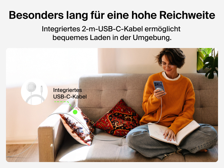 Das Belkin UltraCharge magnetische Ladeger&auml;t mit Qi2 25W wird mit einem 2&nbsp;m langen USB-C-Kabel gezeigt, das genug Spielraum zum bequemen Laden &uuml;berall im Raum bietet.