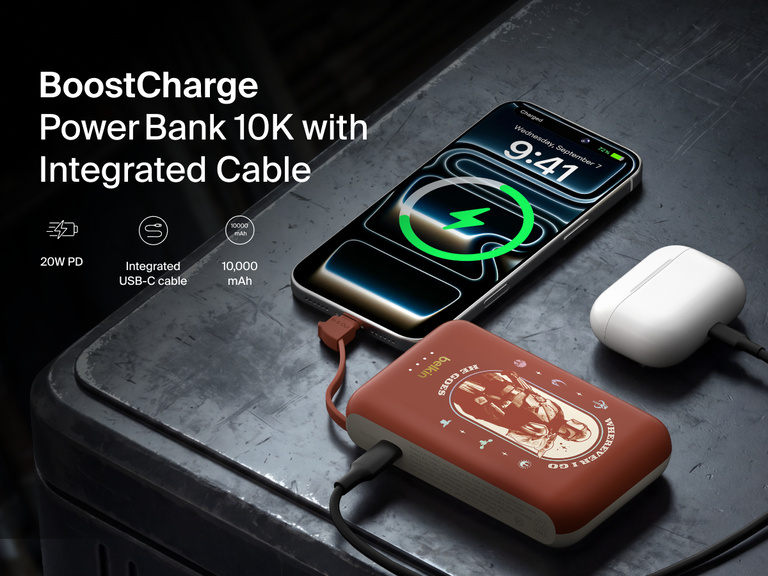 Belkin BoostCharge Power Bank 10K with Integrated Cable featuring Star Wars The Mandalorian and Grogu artwork, delivering 10,000mAh portable charging with 20W USB-C Power Delivery.