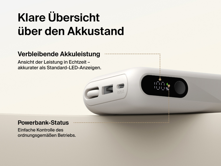 Belkin UltraCharge 10K power bank with integrated USB-C cable and digital display showing real-time battery percentage and charging status