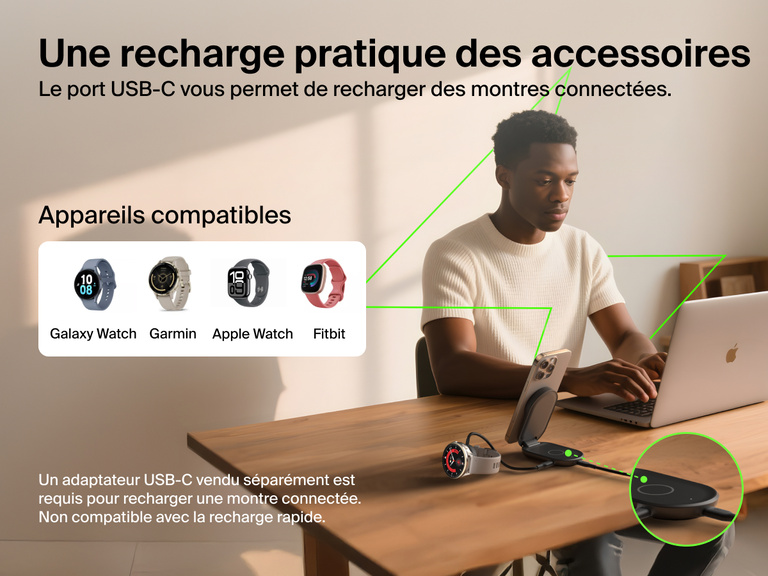 Le socle de recharge 2-en-1 aimanté et pliable Belkin UltraCharge avec Qi2 25 W rechargeant un iPhone et une montre connectée via le port USB-C, compatible avec les Apple Watch, Galaxy Watch, Garmin et Fitbit.