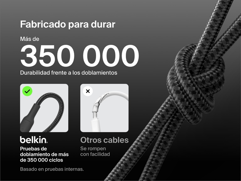 Belkin BoostCharge USB-C to Micro-USB Braided Cable 15W shown knotted to highlight durability with 350,000+ bend lifespan compared to standard easily broken cables.