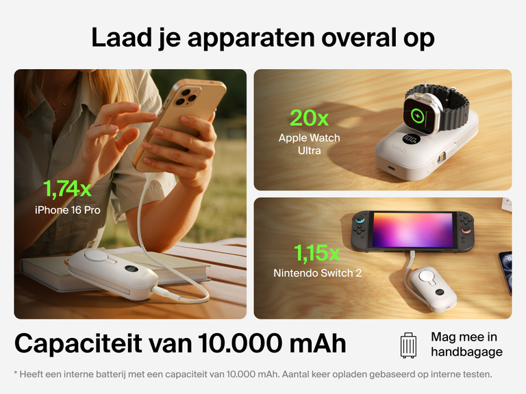 Belkin BoostCharge Pro 10.000mAh-powerbank met Apple Watch-lader, die voldoet aan de luchtvaartveiligheidsnormen en waarmee je onderweg een iPhone 16 Pro, Apple Watch Ultra en Nintendo Switch 2 kunt opladen.