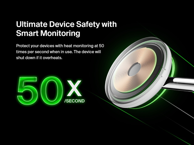 Close-up image of a white Belkin BoostCharge Pro 3-in-1 Magnetic Wireless Charging Stand with Qi2 15W, highlighting its smart monitoring feature that checks for overheating 50 times per second to ensure device safety.