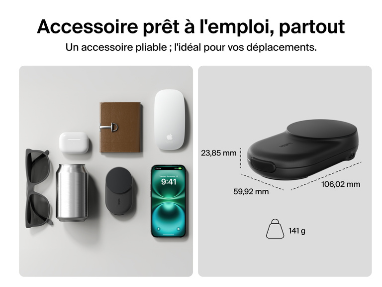 Socle de recharge 2-en-1 aimanté et pliable Belkin UltraCharge avec Qi2 25 W au design compact, idéal pour les déplacements, avec un poids de 162 g, parfait pour charger partout.