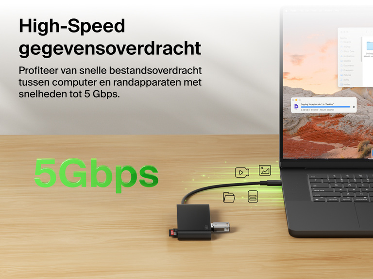 Belkin Connect 7-Port USB-C Hub with Dual USB-C Ports enabling high-speed data transfer up to 5Gbps between laptop and devices.