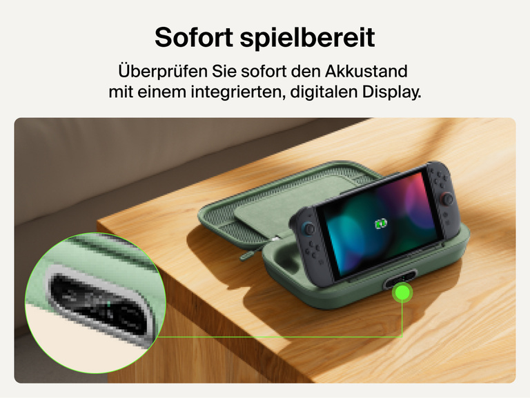 Belkin Gaming Charging Case Pro for Nintendo Switch 2 shown with built-in digital battery display and charging dock for quick power status at a glance.