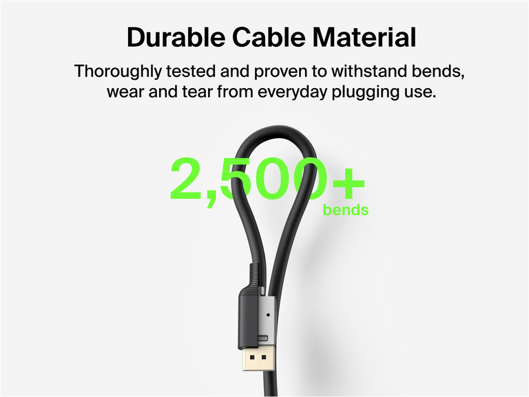 Close-up of the Connect DisplayPort 2.1 Cable's connector and durable cable material, rated to withstand more than 2,500 bends