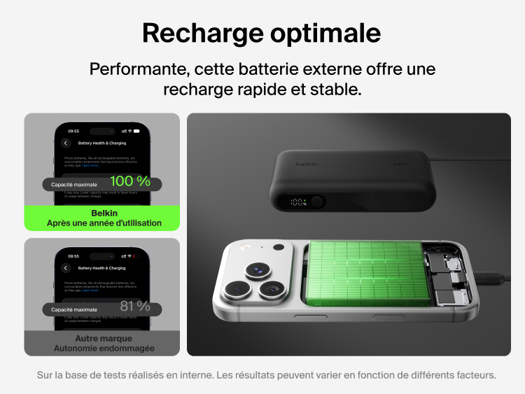 Belkin UltraCharge 10K power bank with integrated USB-C cable and digital display featuring optimized fast and stable charging to support long-term battery health