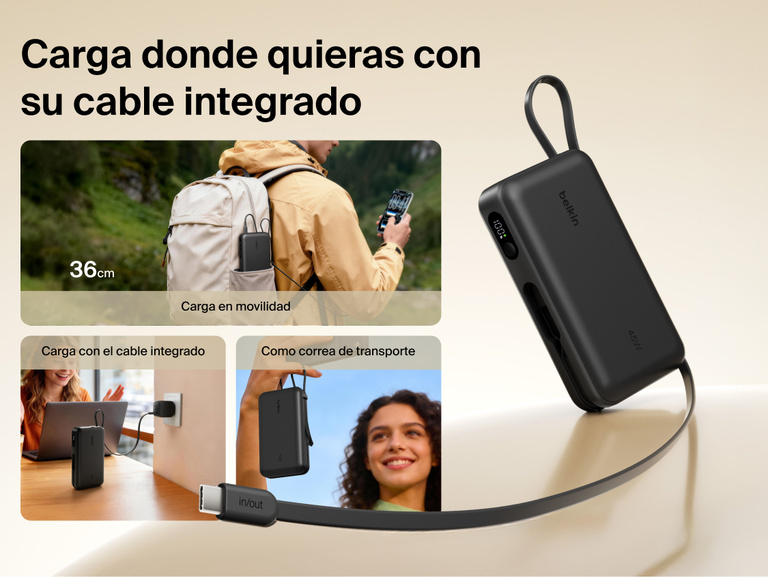 Belkin UltraCharge 20K 45W power bank with integrated USB-C cable for on-the-go charging, easy recharging, and convenient carry strap functionality