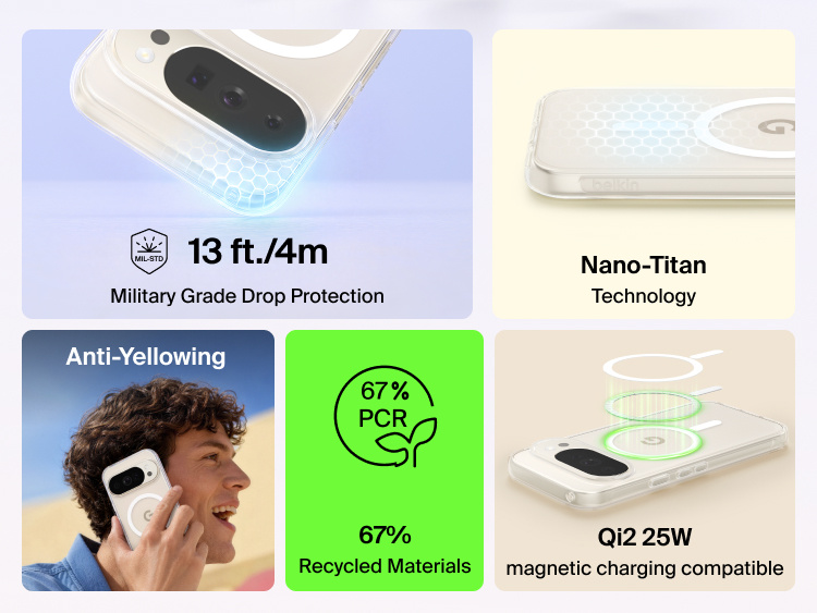 Belkin Clear Series Case for Google Pixel 11 showcased in multiple color options with Qi2 25W magnetic charging compatibility, military-grade drop protection, Nano-Titan technology, anti-yellowing coating, and recycled materials.