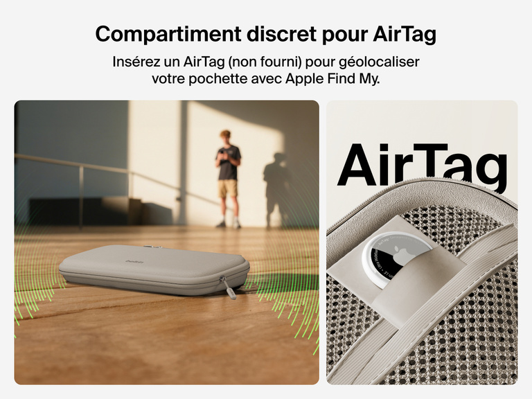 Image d'un socle de recharge 3-en-1 aimanté et compacte Belkin BoostCharge rechargeant des AirPods sans fil et qui met en avant sa compatibilité avec tous les modèles des AirPods et AirPods Pro.