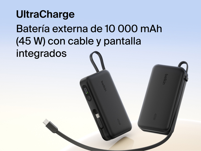 Belkin UltraCharge 10K 45W power bank with integrated cable and digital display showing battery level, designed for fast portable charging.