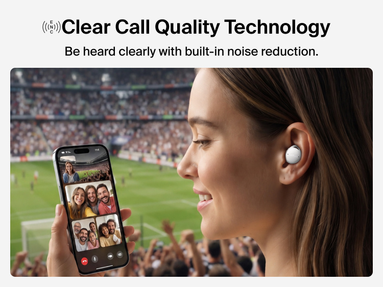 SoundForm Isolate Buds ANC worn during a phone call at an outdoor event, illustrating clear call quality technology
