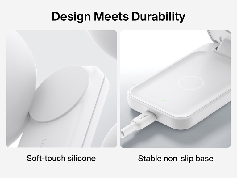 Belkin UltraCharge 3-in-1 Foldable Magnetic Charger with Qi2 25W features soft-touch silicone and a stable non-slip base for durable, secure wireless charging.