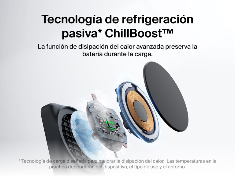 El cargador magnético plegable 2 en 1 con Qi2 25W Belkin UltraCharge incluye tecnología de refrigeración pasiva ChillBoost™ que ofrece una disipación del calor avanzada para preservar la batería del dispositivo conectado durante el proceso de carga.