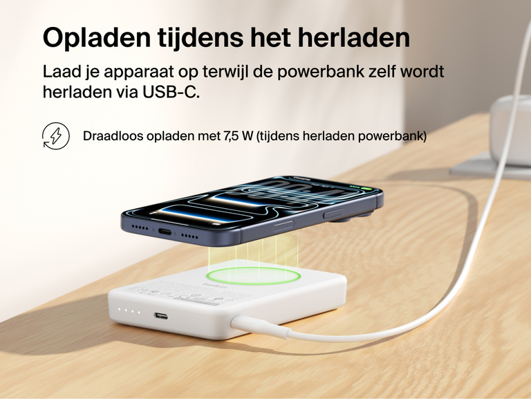 Belkin BoostCharge Slim Magnetic Power Bank 10K demonstrating pass-through charging with a smartphone wirelessly charging at 7.5W while the power bank recharges via USB-C