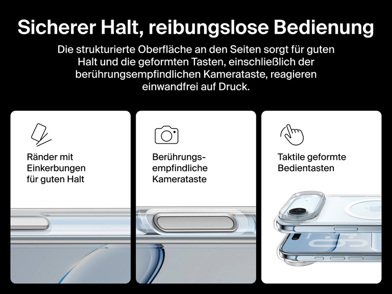 Belkin SheerForce Clear Series Case for iPhone 17 with grooved edges, tactile molded controls, and touch-sensitive camera button for secure grip and seamless control.