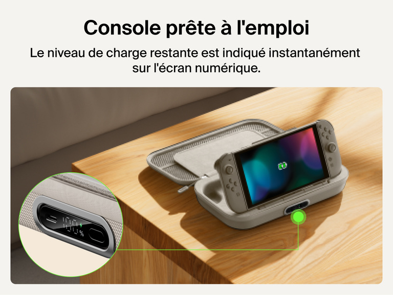 Belkin Gaming Charging Case Pro for Nintendo Switch 2 shown with built-in digital battery display and charging dock for quick power status at a glance.