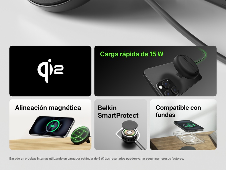 Infografía en la que resaltan las funciones de la base magnética de carga inalámbrica con Qi2 de 15 W BoostCharge Pro de Belkin, como la carga rápida de 15 W, la alineación magnética, el sistema Belkin SmartProtect y la compatibilidad con fundas de teléfono.