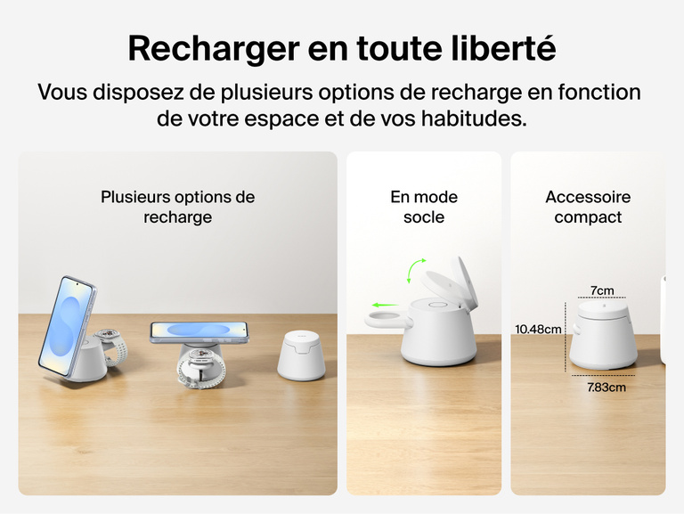 Image de la station de recharge modulaire Belkin UltraCharge avec Qi2 25&nbsp;W, de ses differentes option de recharge comme les modules de recharge sans fil, et de son design compact.